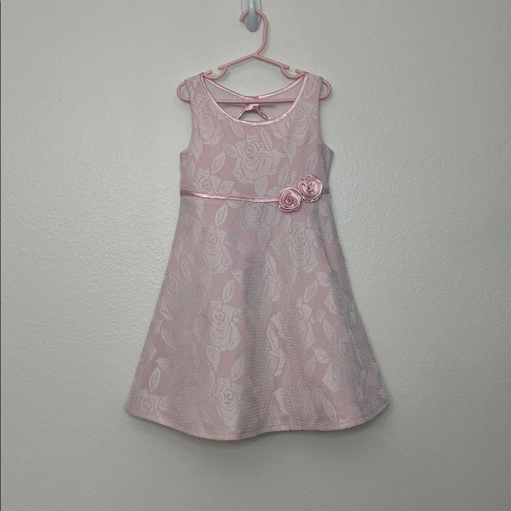 Bonnie Jean Ice Pink Bold Roses A-line Dress Sz 7 and My Michelle blue Pom Pom